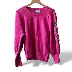 CeCe Balloon/Puff Sleeve Embroidered Flowers Sweater Size Large Pink NWOT